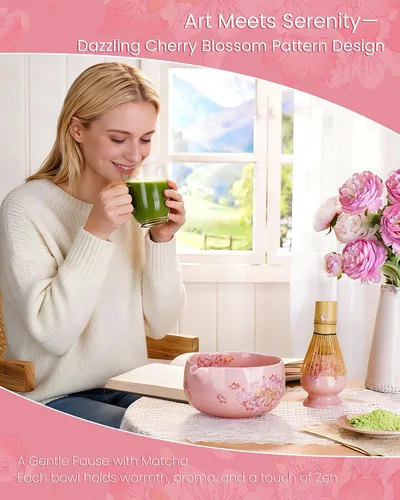 Vista 7 de Juego de batidor de matcha, juego de 6 piezas de matcha que incluye un tazón grande de matcha, batidor de bambú y cuchara con bonito encanto