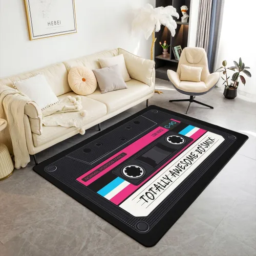 Vista 6 de Erosebridal Alfombra de fiesta de los años 80 de 3 x 5 para mesita de noche, alfombra de casete de audio para niños, niñas y adolescentes, alfombra