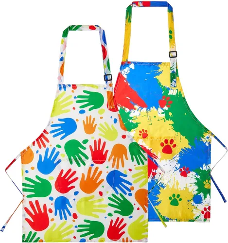 Vista 9 de Lictin Paquete de 2 delantales para niños y niñas para cocinar, delantal de arte impermeable con bolsillos para niños, pintar, cocinar, hornear