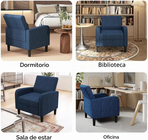Vista 7 de DAGONHIL Silla de Acento para Sala de Estar, Silla Tapizada de Lectura para Dormitorio, Sillón de Tela de Lino, Sofá Individual para Sala de Azul