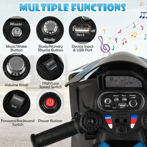 Vista 4 de Costzon - Motocicleta para niños, BMW con licencia, motocicleta eléctrica a batería de 12 V con faro, claxon, música, MP3, puerto USB, motocicleta