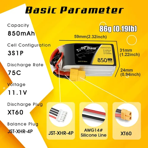 Vista 2 de TATTU 850mAh 11.1V 75C 3S LiPo Batería con XT60 Plug para Multirotor FPV 150 180 Tamaño Quadcopter