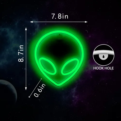 Vista 3 de Letrero de neón alienígena LED verde con luces de neón USB/funciona con pilas, letrero de luces alienígenas genial para decoración de pared