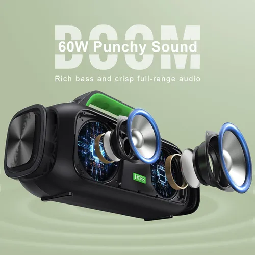 Vista 2 de DOSS Extreme Boom - Altavoz Bluetooth para exteriores con sonido potente de 60 W, graves profundos, tiempo de reproducción de 30 horas, USB-C, Verde