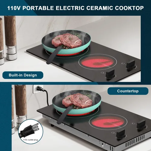 Vista 3 de Karinear 110v Cocina eléctrica 2 quemadores, 12" estufa eléctrica Top Plug Perilla Conrtol 2 Quemador 110V