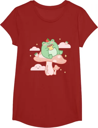 Vista 41 de Kawaii Strawberry Frog On Mushroom - Camiseta de manga corta de anime, Azul / Patchwork, S Azul Pastel