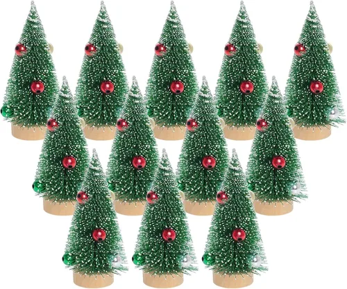 Vista 8 de Yookat 12 piezas de mini árboles de Navidad, mini árboles de sisal pequeños, mini pinos con base de madera, mini árboles de cepillo de botella