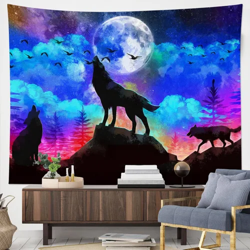 Vista 2 de HVEST Tapiz de lobo, tapiz de bosque psicodélico, tapiz para colgar en la pared, tapices de luna, animales salvajes, decoración de habitación, manta