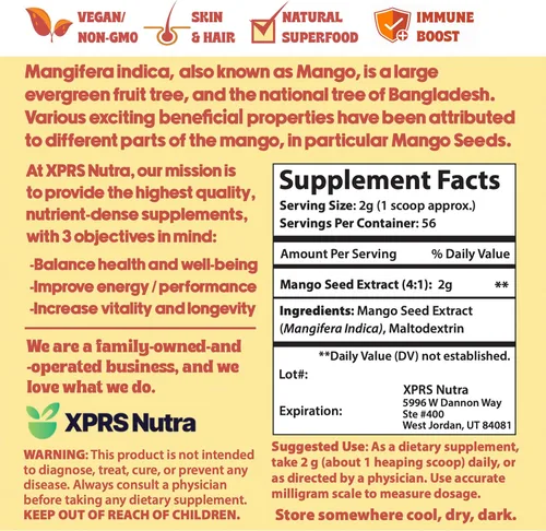 Vista 7 de XPRS Nutra Polvo de extracto de semilla de mango – Semillas de mango premium (Mangifera Indica) – Polvo de extracto silvestre fresco premium sin OMG