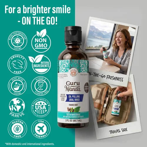 Vista 8 de GuruNanda Enjuague bucal con extracción de aceite CocoMint tamaño de viaje, 7 aceites esenciales y vitaminas, promueve el aliento fresco y encías