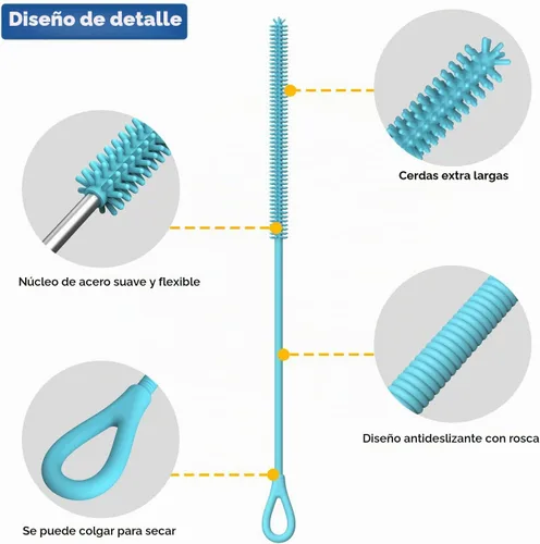 Vista 3 de YOTIME Cepillo Limpiador de Pajitas de Silicona, 2 Piezas Cepillo Reutilizable para Pajitas Extra Largo para Limpiar Vaso con Mango y Pajitas