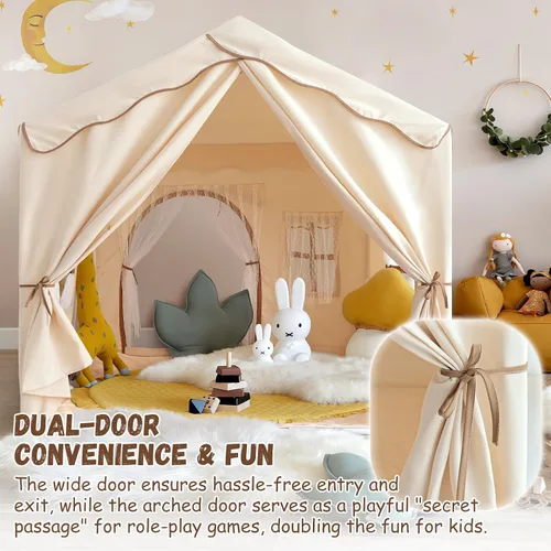 Vista 5 de Tienda de campaña para niños con doble puerta castillo de juegos para niños - Beige Kids Tent with Mat, Two Doors Fantasy Adventure Play House for