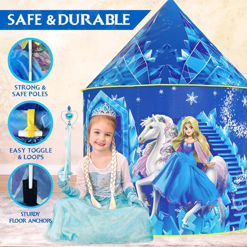 Vista 5 de W&O Tienda de campaña de princesa congelada para niñas con botón de sonido mágico, luces LED, corona y varita – Tienda de campaña congelada