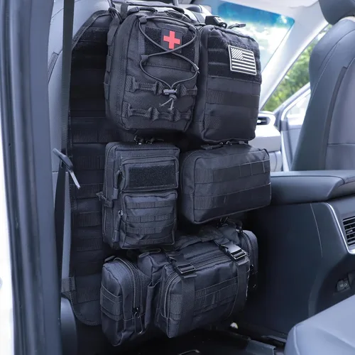 Vista 19 de Organizador táctico universal para respaldo de asiento, panel Molle para vehículo, bolsa de almacenamiento con 5 bolsas Molle desmontables