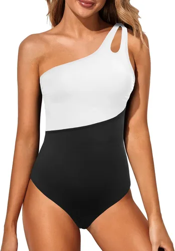 Vista 40 de Women's One Shoulder One Piece Tummy Control Swimsuit Full Coverage Diseño de ojo de cerradura, ajuste de cobertura completa, estilo modesto Negro