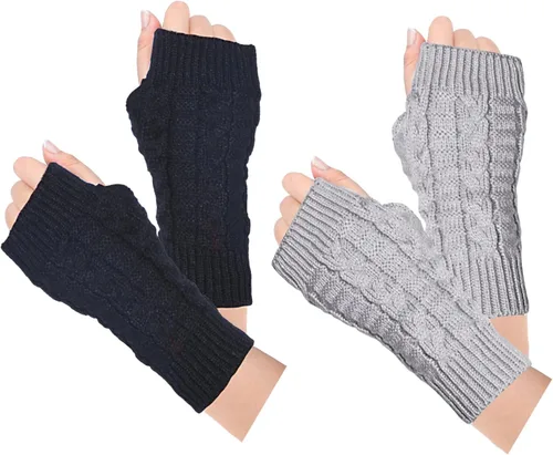 Vista 9 de Loritta Guantes sin dedos para mujer, calentadores de brazos con orificio para el pulgar de invierno de punto y ganchillo A1-beige/gris claro/gris