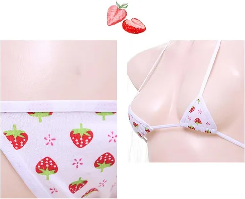 Vista 4 de Conjunto de lencería para mujer, mini bikini de fresa, con cordones, juego de rol, bikini de cuerda en T
