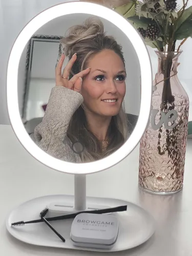 Vista 6 de Browgame Espejo de maquillaje iluminado original, espejo con sensor táctil LED; viene con 5 mini accesorios de imán de espejo, tu nuevo accesorio