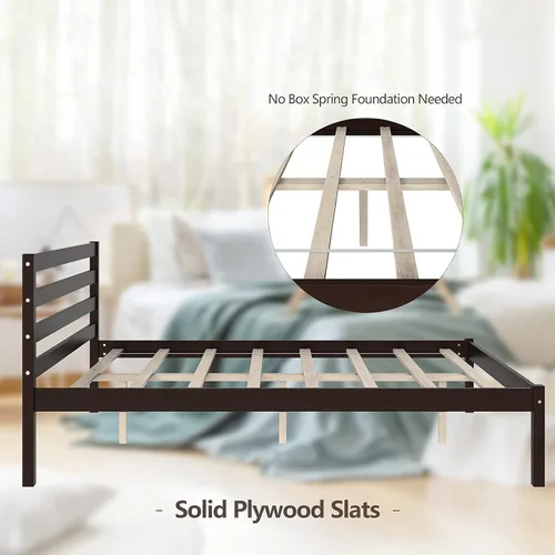 Vista 4 de Giantex Base de cama de plataforma de madera, cabecera con paneles, soporte de listones de madera, no necesita resortes, base de colchón de cama