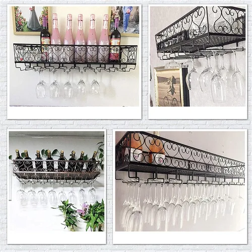 Vista 3 de LaseVe Estante para vinos, estantes de vino montados en la pared con 8 soportes para vidrio de vástago, estante de vino colgante industrial, estante