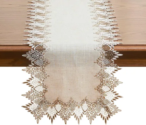 Vista 15 de Camino de mesa de lino de encaje rojo oscuro blanco de 36 pulgadas de largo, bufanda de aparador claret, decoración de mesa para Navidad, cocina