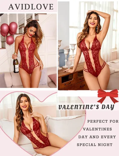 Vista 2 de Avidlove - Body de lencería de una pieza para mujer, diseño de encaje sexy con escote en V profundo, baby doll, tallas XS a XXXL