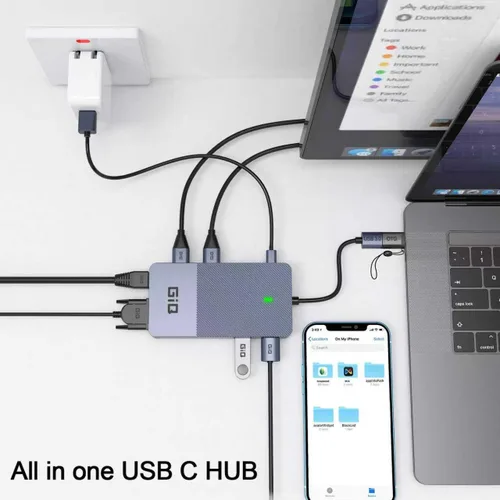 Vista 6 de Estación de acoplamiento USB GIQ USB C HUB USB 3.0 a HDMI dual Adaptador VGA de triple pantalla USB C Estación de acoplamiento para portátil Monitor