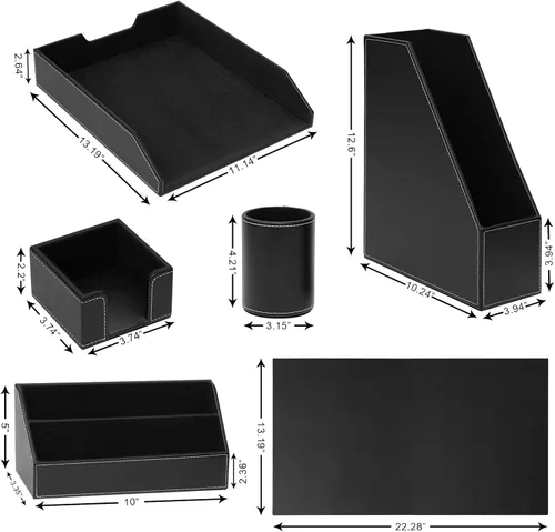 Vista 2 de Suministros de oficina de cuero sintético de 6 piezas organizador de escritorio, incluye bloc de escritura, bandeja de cartas, clasificador de Negro