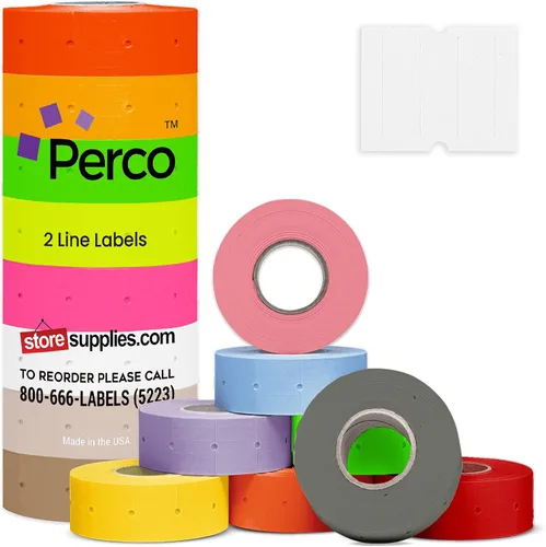 Vista 13 de Perco Etiquetas azules de 2 líneas, 6,000 etiquetas de precio en blanco y fecha para pistolas Perco de 2 líneas de precio y fecha, 8 rollos, 1