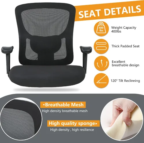 Vista 6 de Silla de escritorio ergonómica, silla de oficina, silla de computadora de 500 libras con soporte lumbar, asiento ancho, brazos ajustables