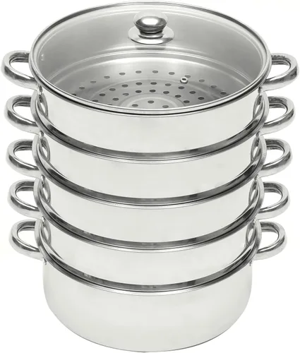 Vista 9 de Cocina de vapor de acero inoxidable de 5 capas, vaporizador de 11 pulgadas para cocinar alimentos, tapa de vidrio, adecuada para tamales, verduras