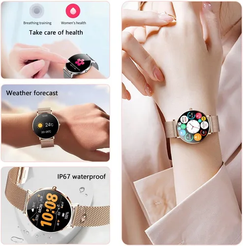 Vista 6 de Reloj inteligente de moda para mujeres y hombres, pantalla táctil Bluetooth, reloj inteligente de acero inoxidable/correa de nailon para monitoreo