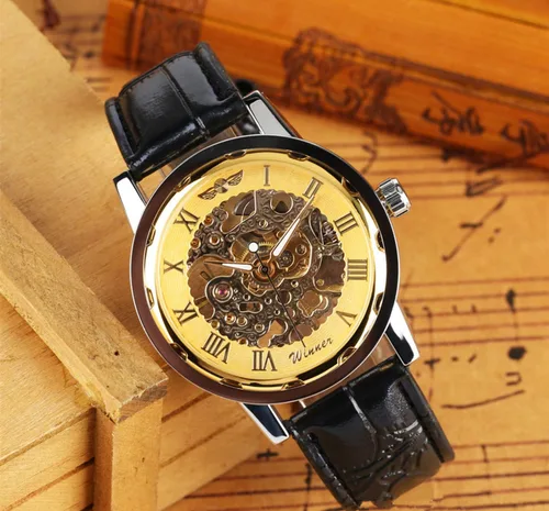 Vista 3 de Vavna Clásico de los hombres de cuero Esqueleto mecánico deporte ejército reloj, Oro, Mecánico