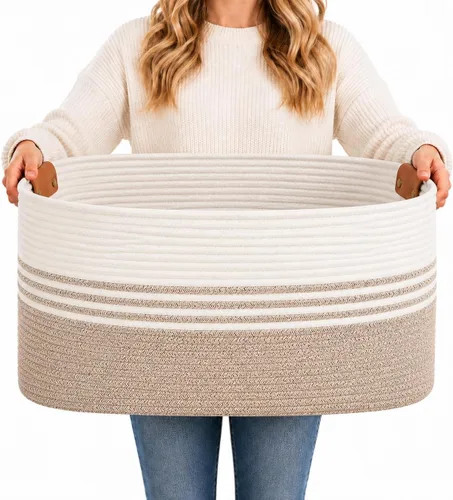Vista 20 de DOFASAYI Cesta de lavandería grande de 72 litros con asas de cuero, cesta de almacenamiento decorativa para mantas, cesta de ropa para sala