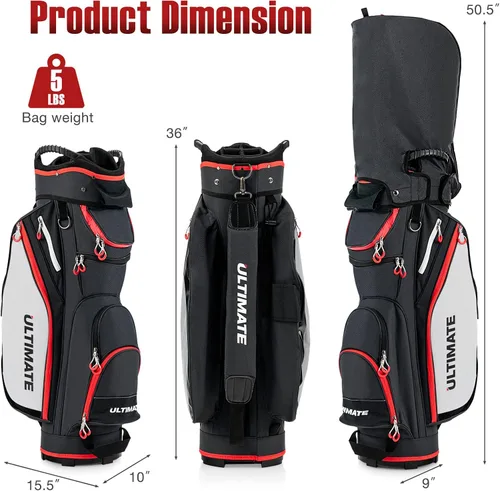 Vista 3 de GYMAX Bolsa de golf, bolsa de carrito de golf con divisor de 14 vías con capucha de lluvia y bolsa enfriadora, bolsa de golf impermeable para Negro