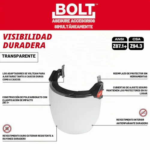 Vista 4 de Milwaukee BOLT - Protector facial completo, transparente, compatible con cascos de seguridad y cascos duros, 48-73-1420