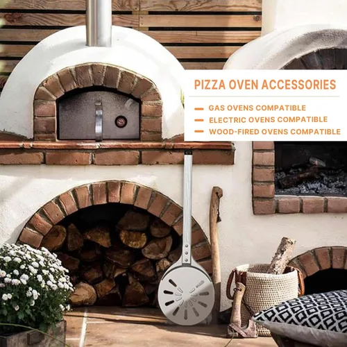 Vista 11 de Cáscara giratoria de pizza, 8 pulgadas, mango largo perforado de aluminio con gancho de silicona, accesorios para horno de pizza