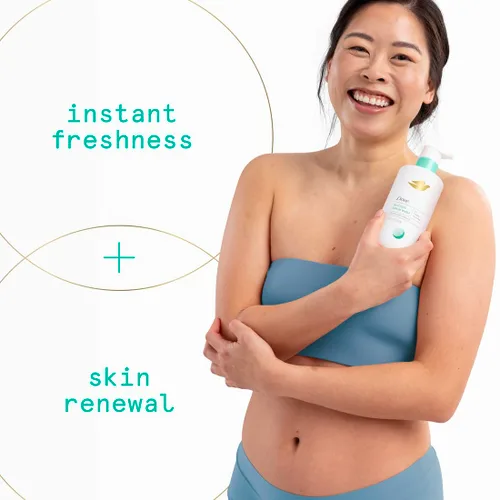 Vista 3 de Dove Gel de baño de suero glicólico para mujer, para renovación de la piel, hidratación y control de olores, aroma a lirio de agua dulce, 14.2 onzas