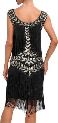 Vista 4 de Vestido de lentejuelas de los años 20 para mujer, vestidos de flecos Gatsby sin mangas, cuello redondo, vestido ajustado para formalfiestabaileclub
