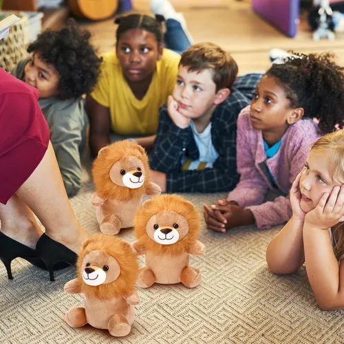 Vista 6 de Arrowbash 8 juguetes de peluche de leones de 9 pulgadas, a granel, regalo de fiesta de león, juguetes de peluche para niños y niñas, recuerdos