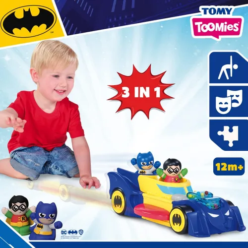 Vista 2 de Toomies DC Comics Batman E73262 - Vehículo 3 en 1 que se transforma en mini batmobile y chorro, efecto de estallido del motor, tracción del volante