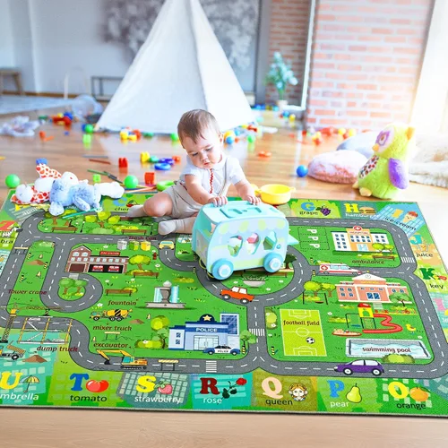 Vista 6 de Chicrug Alfombra de carretera de automóvil de 3 x 5 para niños, sala de juegos, dormitorio, antideslizante, de pelo bajo, lavable, alfombra