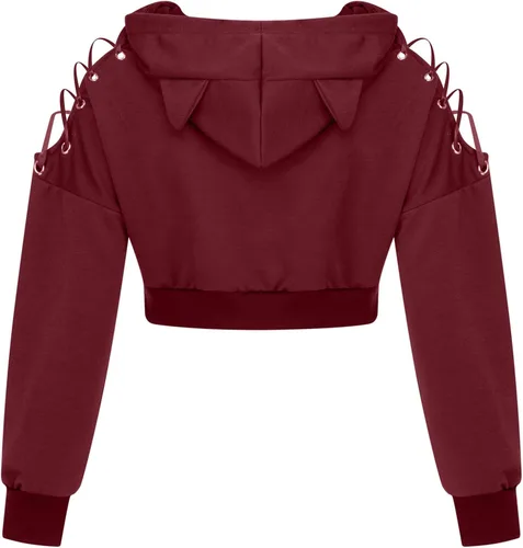 Vista 4 de Sudadera con capucha de gato con orejas, sudadera de manga larga con capucha, sudadera gótica de otoño con cordones, sudadera negra Y2K para mujer