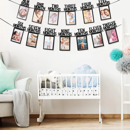 Vista 6 de Whaline Cartel de fotos de bebé de primer cumpleaños para recién nacidos a 12 meses, guirnalda de fotos de hitos mensuales, decoración de Negro