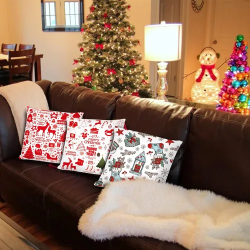 Vista 5 de Juego de 6 fundas de almohada navideñas de 18 x 18 pulgadas, fundas de cojín decorativas de Navidad para sofá, decoración del hogar, fundas de cojín