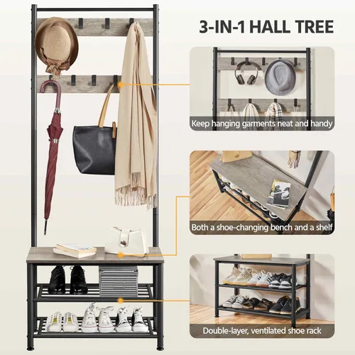 Vista 5 de Yaheetech Perchero, árbol de pasillo con banco de zapatos, almacenamiento de zapatos de entrada con perchero, 9 ganchos móviles, muebles de entrada
