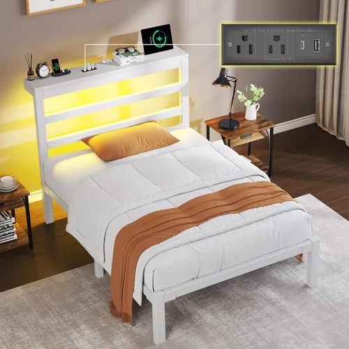 Vista 11 de E-Motie Marco de cama tamaño doble con cabecera de almacenamiento, plataforma industrial con estación de carga y luces LED, espacio