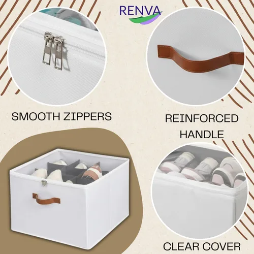 Vista 7 de RENVA Shoe Organizer for Closet, Foldable Shoe Storage Bins with Clear Cover, Large Shoe Box Storage Container with two sides PU handles, Fits up to