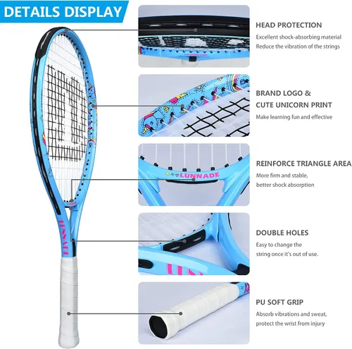 Vista 2 de Raqueta de tenis para niños y jóvenes, raqueta de tenis juvenil de 19/21/23/25 pulgadas con cubierta, adecuada para principiantes niños y niñas de 3