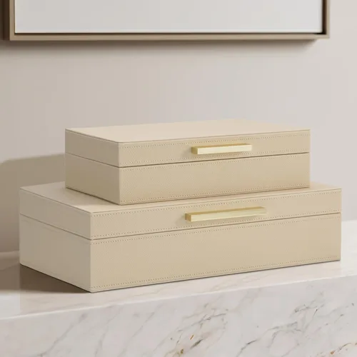 Vista 5 de ZICOTO Moderno juego de 2 cajas de almacenamiento decorativas con asas de metal negro, caja organizadora de joyas de piel sintética, caja